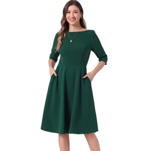 Wear to Work Boat Neck Short Sleeves Midi Flared Office Dresses Dark Green